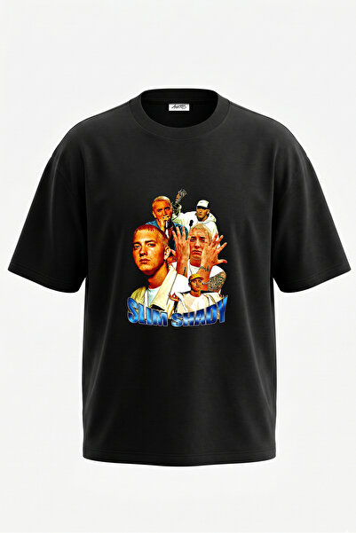 Anetos Tricou oversize negru din bumbac cu imprimeu pe spate Slim Shady Design