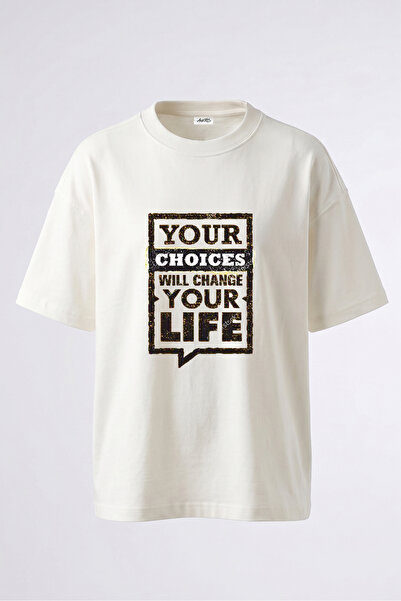 Anetos Tricou oversize alb din bumbac cu imprimeu pe spate, cu design motivaț...