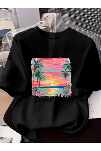 one button Summer Vibes Pink Detail Printed Premium Oversize T-Shirt for Women
