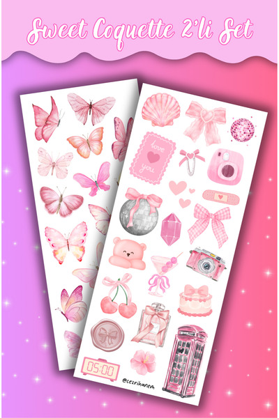 Cezrihanem Sweet Coquette Temalı 2'li Sticker Seti, Scrapbook, Bullet Journal...