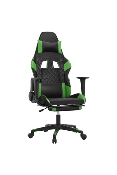 vidaxl Scaun gaming de masaj/suport picioare, negru/verde, piele