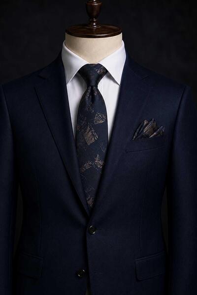 Kravatkolik Black Navy Blue Motif Pattern Classic Tie with Handkerchief Kk13750