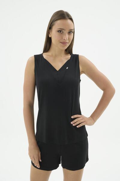 Sevim Women's V-Neck Zero Sleeve Shorts Black Modal Pajama Set C9T9N371