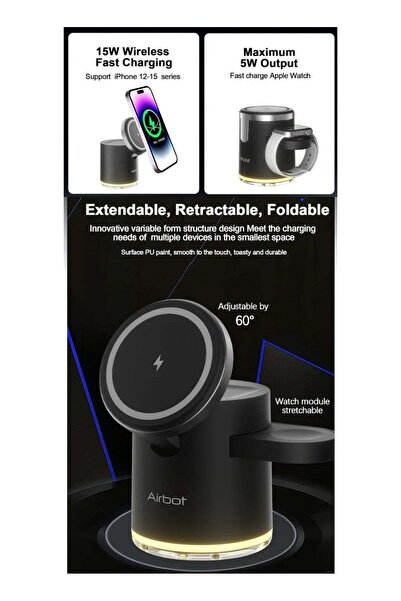 Airbot 4-in-1 Magnetic Wireless Charging Station CS16, 15W Fast Qi Charger for iPhone/Watch/AirPods