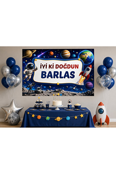 Renkli İzler Kişiye Özel Uzay Astronot Temalı Doğum Günü Afişi ( Space Banner)