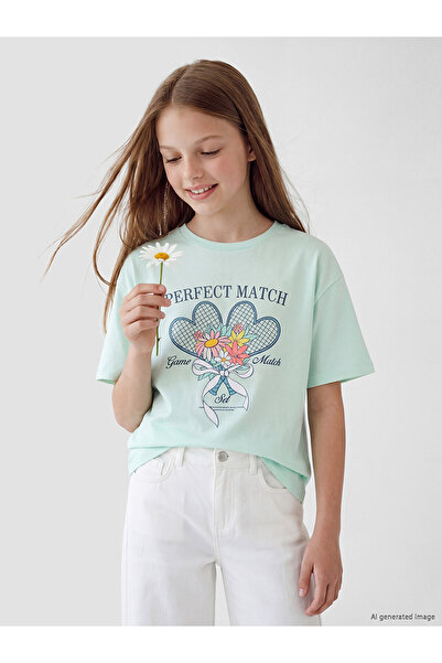 LC Waikiki Original Oval Collar Girls' Printed T-Shirt