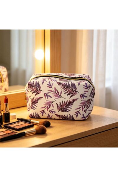 idei Geantă Cosmetică Octogonală din PU cu Imprimeu Frunze Violet, Husă Machi...