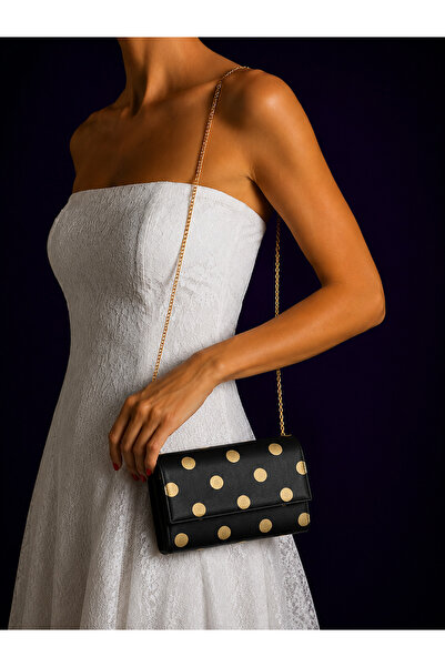NAZART Women's Polka Dot Black Gold Evening Dress Clutch Chain Strap Hand and...