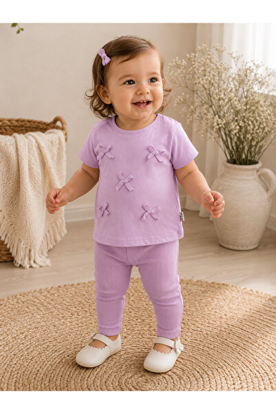 kr kids Baby Girl Lilac Bow Detailed Tights Set Cotton Summer 2-Piece Set
