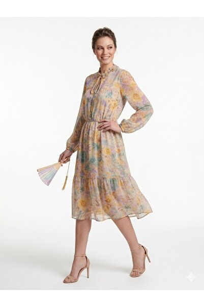 centilmen Dosso Dossi̇ Floral High Collar Tie Detailed Lined Chiffon Dress 5025