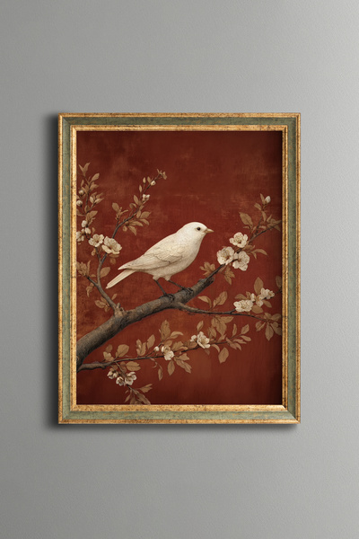 epiqart Beyaz Kuş ve Çiçekli Dal Tablosu - Vintage Desenli Çerçeve - İnce Model