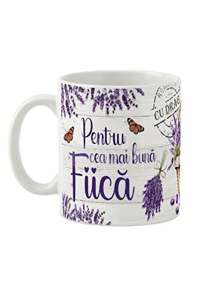 LimArt Cană ceramică personalizată, model cu lavandă și fluturi, 350 ml, „Pen...
