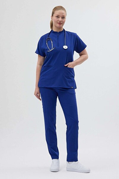 Owlet Medikal Lycra Saks Blue Zipper Detailed Scrubs