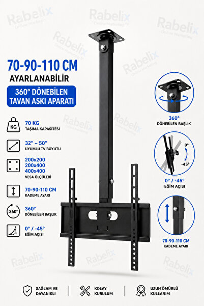 Genel Markalar 32”-50” TV Tavan Askı Aparatı 70-90-110 CM Ayarlanabilir 360° ...