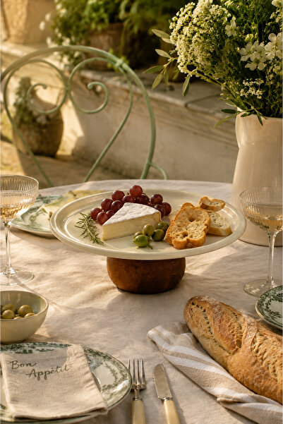 Beige & Stone Cream Stainless Steel Serving Plate with Wooden Legs - Round 22...