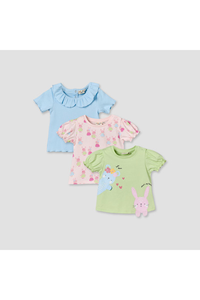 Juniors Pack of 3 Crew Neck Short Sleeves T-shirt with Bunny Print