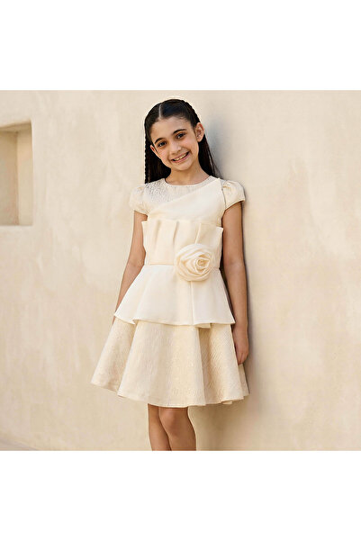 Juniors Round Neck Cap Sleeves Dress with Floral Applique