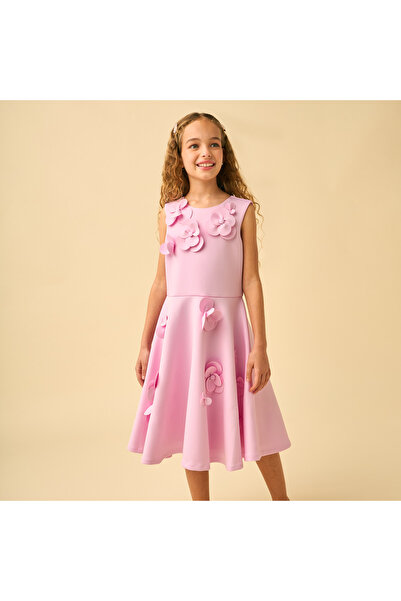 Juniors Round Neck Sleeveless Knee Length A-line Dress with 3D Floral Applique