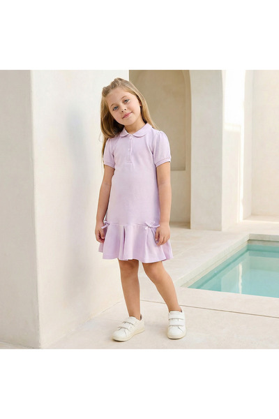Juniors Peter Pan Collar Short Sleeves Polo Dress with Bow Detail