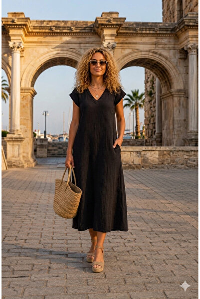 Hale Shop %100 Müslin Kumaş Verev Elbise - SİYAH