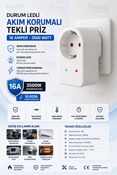 Rabelix Online Marketing Akım Korumalı Tekli Priz 16 Amper 3500 Watt Durum Le...