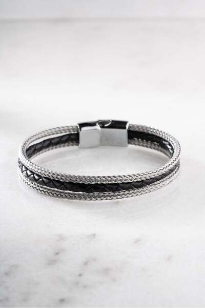 Nereze Chrome Plated Gray Rope Detailed 3 Row Men's Leather Bracelet