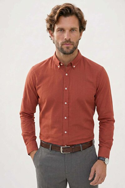 Tudors Men's Slim Fit 100% Cotton Buttoned Collar Flam Linen Orange Shirt
