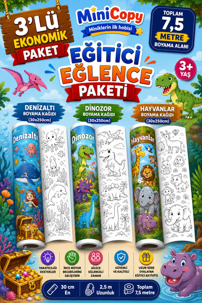 BiWini MiniCopy 3’lü Dev Boyama Kağıdı Seti – 7,5 Metre Eğlence – 3 Farklı Te...