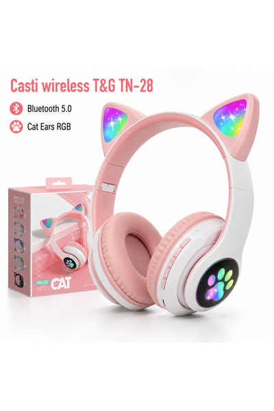 iTin Casti wireless STN-28 cu urechi LED, Bluetooth 5.0, microfon, slot SD, r...