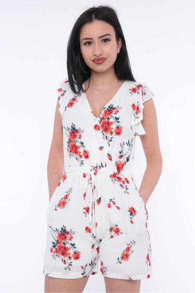 FIRST STYLE Elegant White Turkish Jumpsuit with Rose Prints and Stylish Desig...