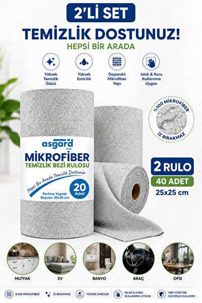 Asgard Grup 2 Adet 20'li Rulo Gri Renk Mikrofiber Temizlik Bezi 25x25 cm Leke...