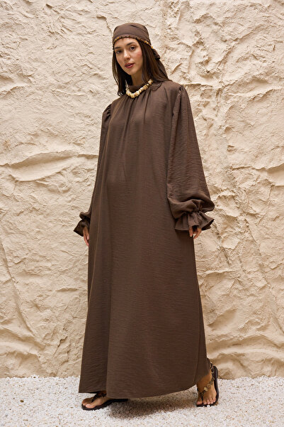KÜÇÜĞÜM BUTİK Brown Linen Loose Long Sleeve Dress