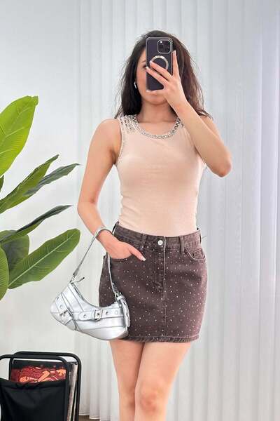 Hipo Trend Collar Stone Embellished Sleeveless Stylish Beige Athlete Blouse