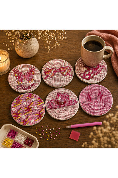 iğne izi Diamond Painting Coaster Set – 6 Pieces, Plastic Stand Included, DIY...