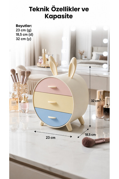 İndecor Houseware Tavşan Kulaklı Makyaj ve Takı Organizeri 3 Çekmeceli Masaüstü Kozmetik Düzenleyici Pastel Renkli Makyaj Organizeri