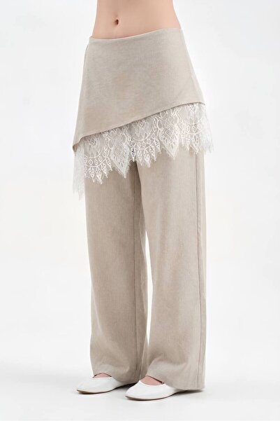 tw3 Women's 100% Cotton Top Skirt-Looking Lace Detailed Design Trousers
