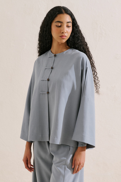 Manuka Linen Mixed Wide Sleeve Jacket Blue