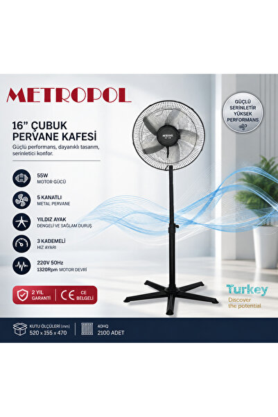 VOREX Metropol MP-1005-M 16" Ayaklı Vantilatör 55W Güçlü Motor ile 5 Kollu Me...
