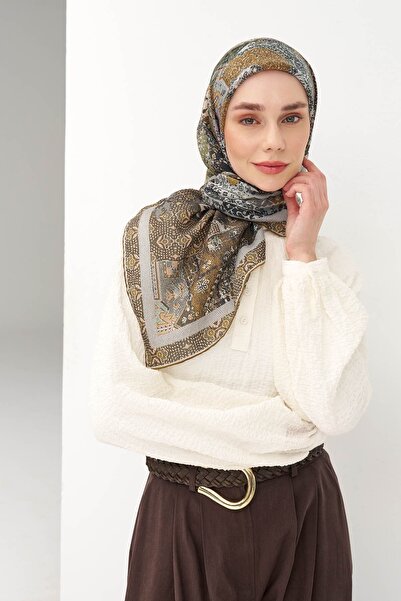 Silk Home وشاح مونار حديث باللون الأخضر الزيتي 90x90