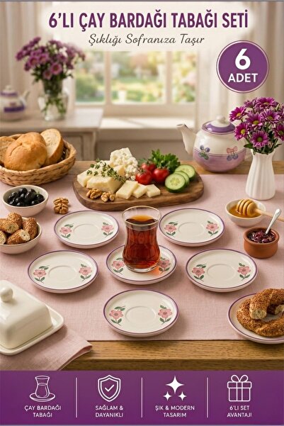 Akkoyunlu home طقم أطباق شاي من 6 قطع بنقوش زهور - طقم أطباق شاي أنيق من السي...