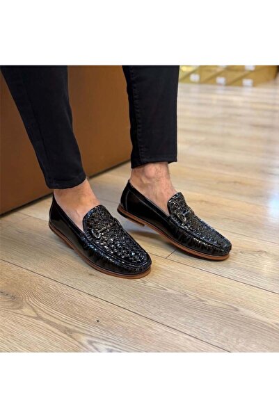 Parlak Hakiki Deri Örgülü Günlük Loafer Ayakkabı