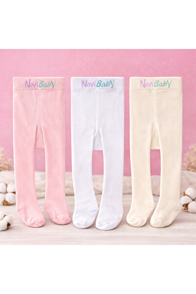 Novibaby 3'lü Bebek Ve Çocuk Külotlu Çorap Yenidoğan Çorabı Kız Erkek Beyaz E...