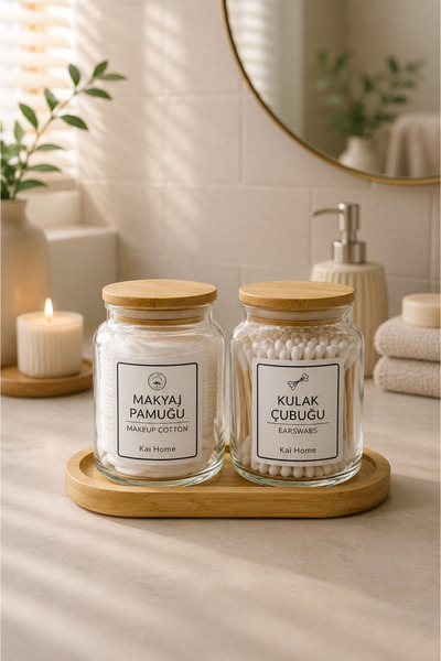 KaiHome Set of 2 Glass Bathroom Storage Jars – 290 Cc with Bamboo Lids and Stand