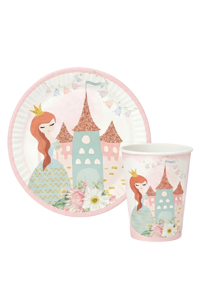 Le Mabelle Set od 8 tanjira i šoljica na temu roze princeze i zamka