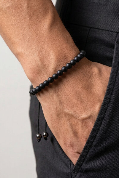Elika Silver Matte Black Onix Stone Adjustable Men's Bracelet