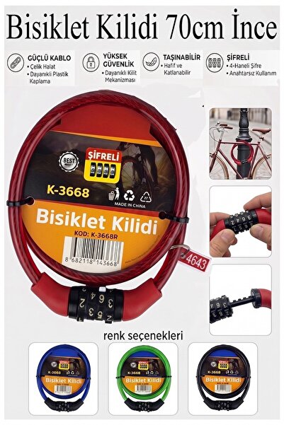 Artlantis Şifreli Bisiklet Kilidi 70 cm İnce 1 Adet K-3668 Çelik Halat Plasti...