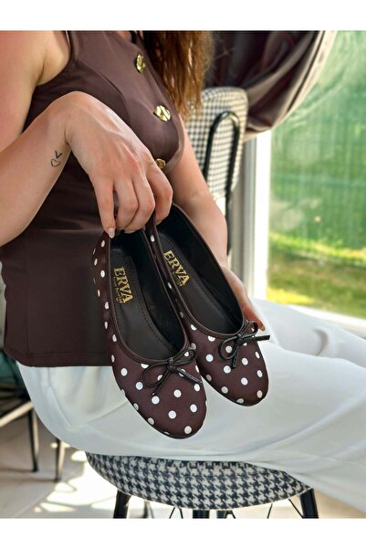 ERVANIN BUTİĞİ Brown Polka Dot Satin (India) Bow Detail Women's Ballerinas