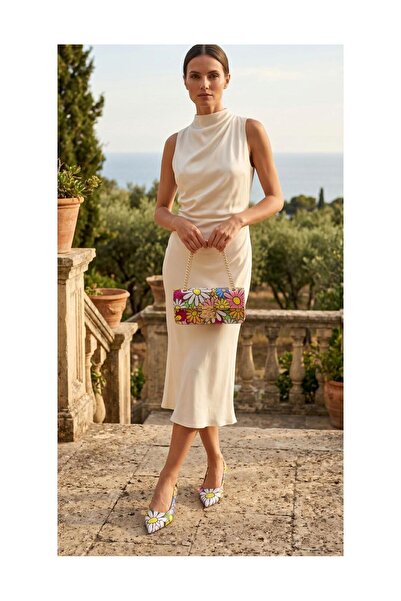 EMIENZA Colored Vegan Leather and Textile Material High Heels and Bag Set