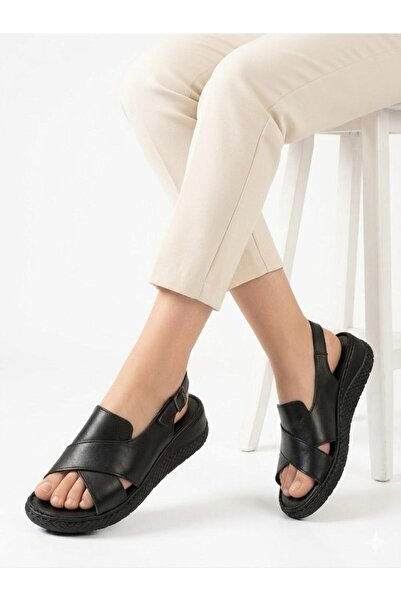 Lütfi Women's Black Inner and Outer Genuine Leather Orthopedic Soft Sole Dail...