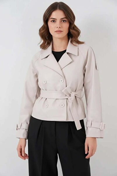 ALFA AKSESUAR 03 Women's Classic Collar Belted Double Button Ecru Jacket
